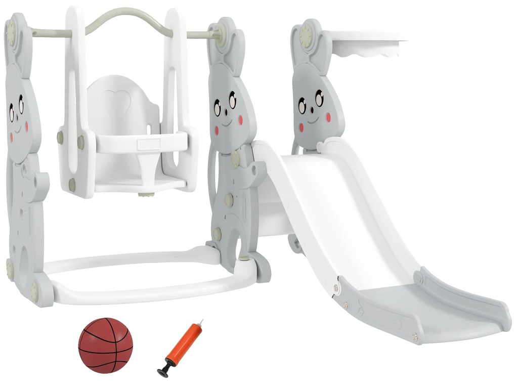 AIYAPLAY Set de jocuri 4 în 1 pentru copii, Tobogan, Leagăn, Structură de escaladă, Coș de baschet, Plastic, Design cu iepurași, Gri | Aosom Romania
