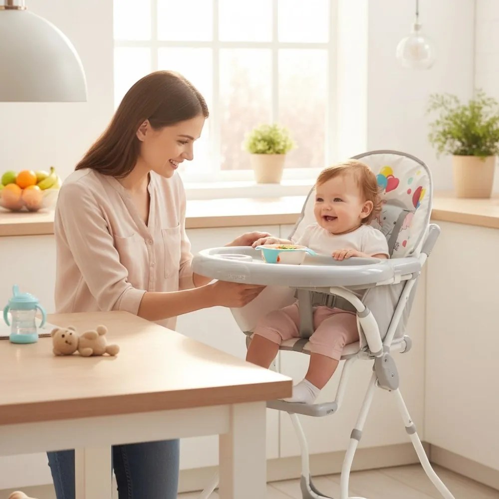 Scaun de masa pentru copii si bebe Baby Care™ CH ,Pliabil, Centura de siguranta, Sezut comfortabil, Masuta detasabila, Model Elefanti , Gri