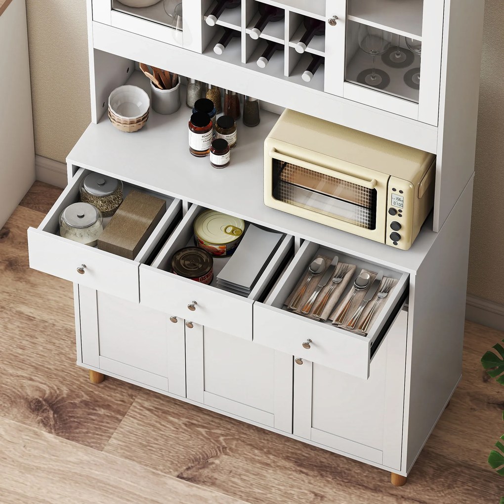 HOMCOM Dulap de bucătărie 180 cm, 2 uși din sticlă, 3 sertare, 4 rafturi reglabile, dulap pentru sufragerie, Spanplatte, Weiß | Aosom Romania