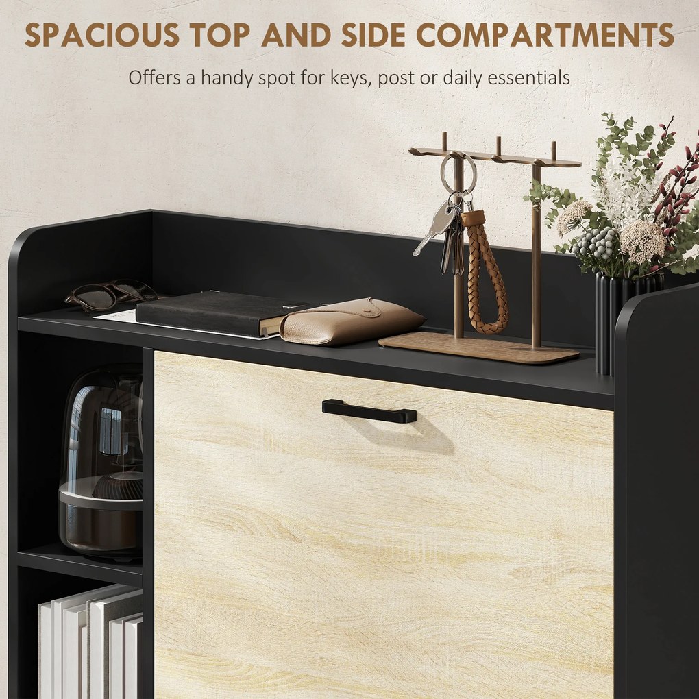 HOMCOM Dulap pentru pantofi slim cu 2 sertare și 3 compartimente deschise, Capacitate 15 perechi, 83x24x90.5 cm, Negru | Aosom Romania