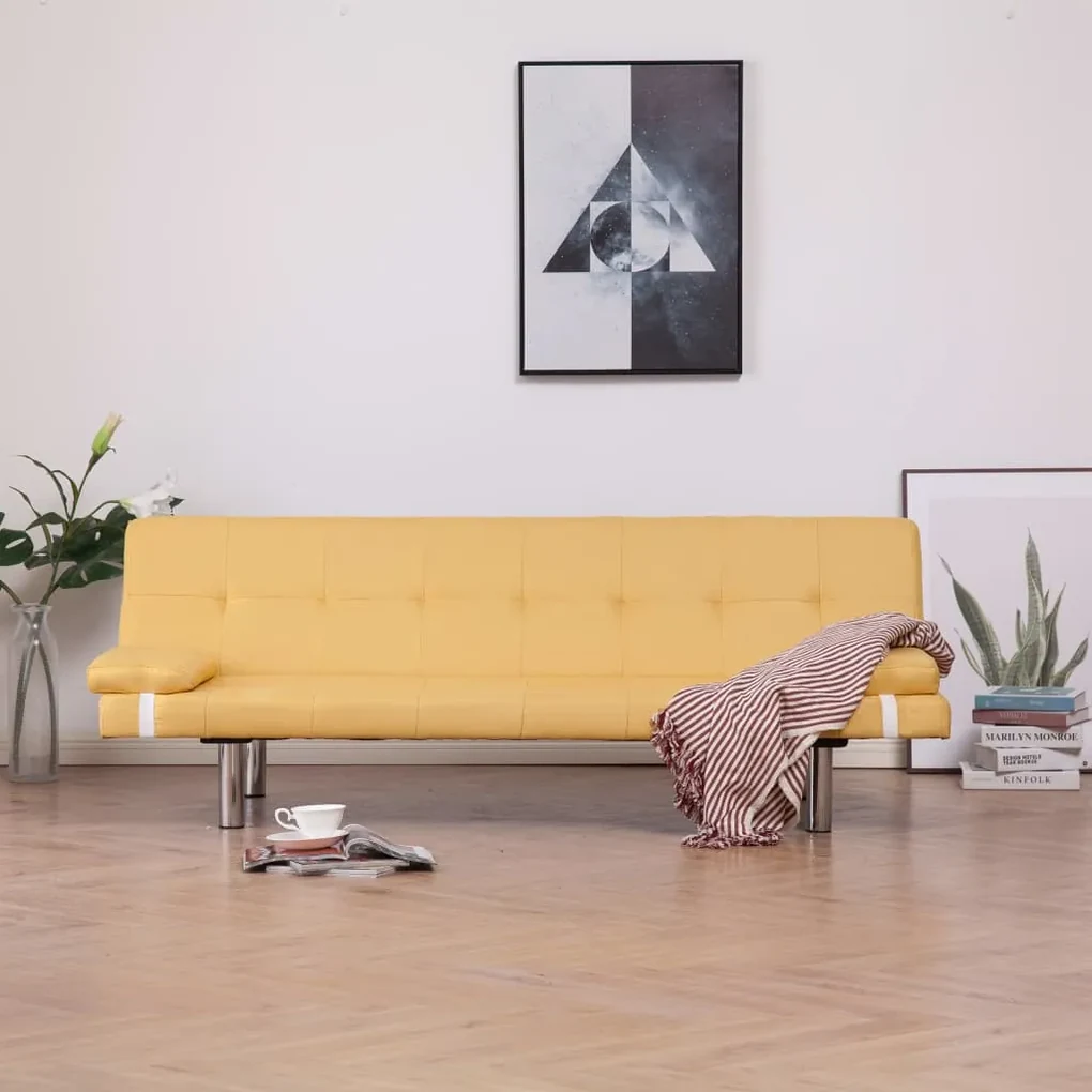 282190 vidaXL Canapea extensibilă cu două perne, galben, poliester