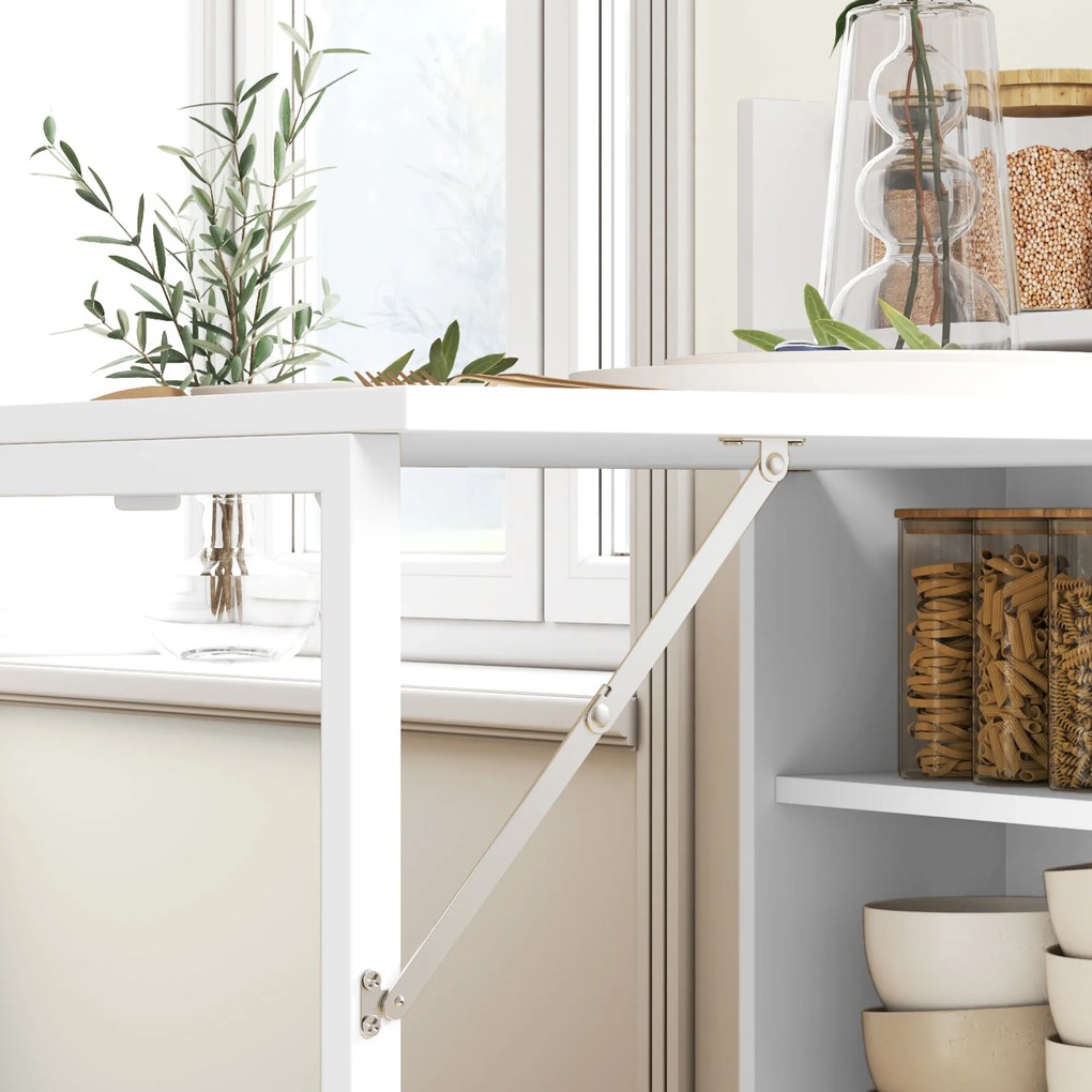 HOMCOM Masă pliabilă, perfectă pentru spații mici, cu 4 rafturi discrete, masă pliabilă de bucătărie, funcție anti-răsturnare, Alb | Aosom Romania