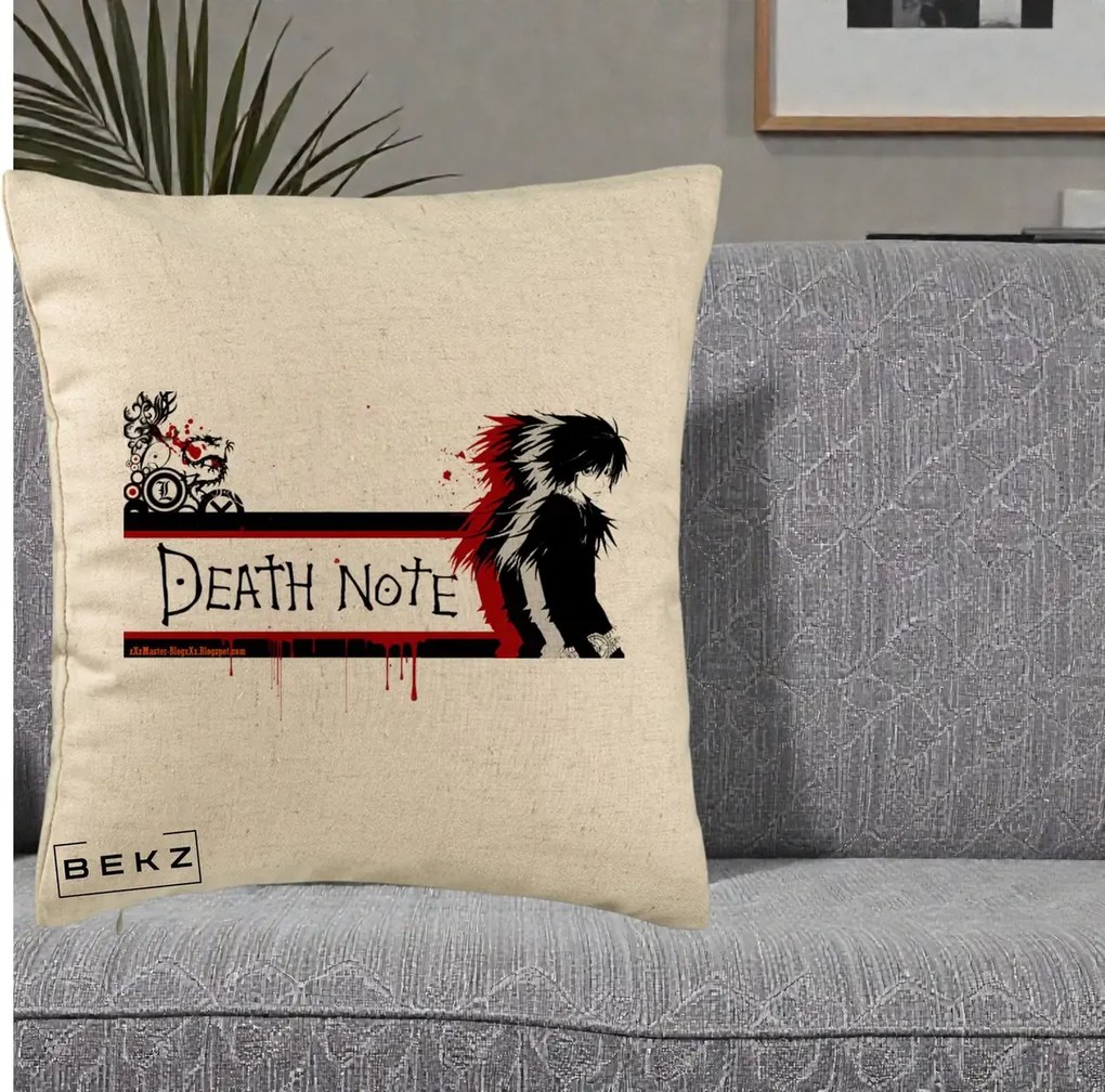 Perna Personalizata Death Note L Lawliet Rosu-Negru, 40x40 cm, Bej, Husa Detasabila, Perna Inclusa, BEKZ®