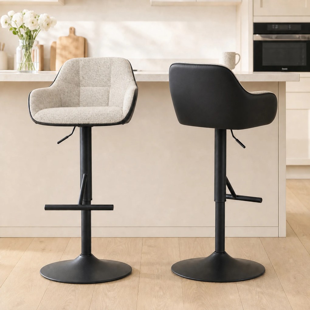 HOMCOM Set 2 Scaune de Bar cu Spătar, Tetiară și Brațe și Bază Antiderapantă, 52,5x53x86,5-108 cm, Gri Deschis | Aosom Romania