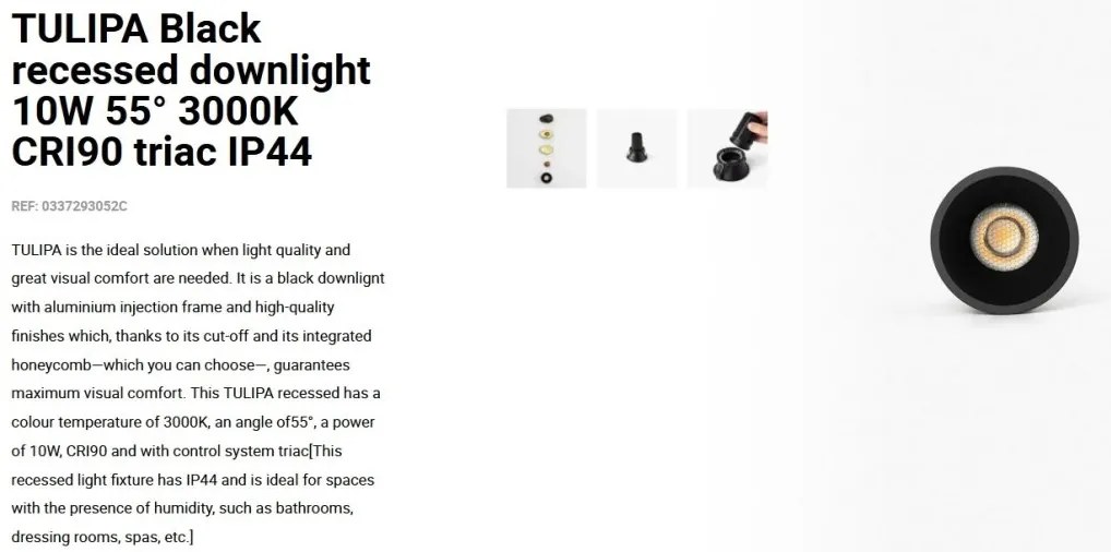 Spot LED incastrabil TULIPA Black recessed downlight 10W 55° 3000K CRI90 triac IP44
