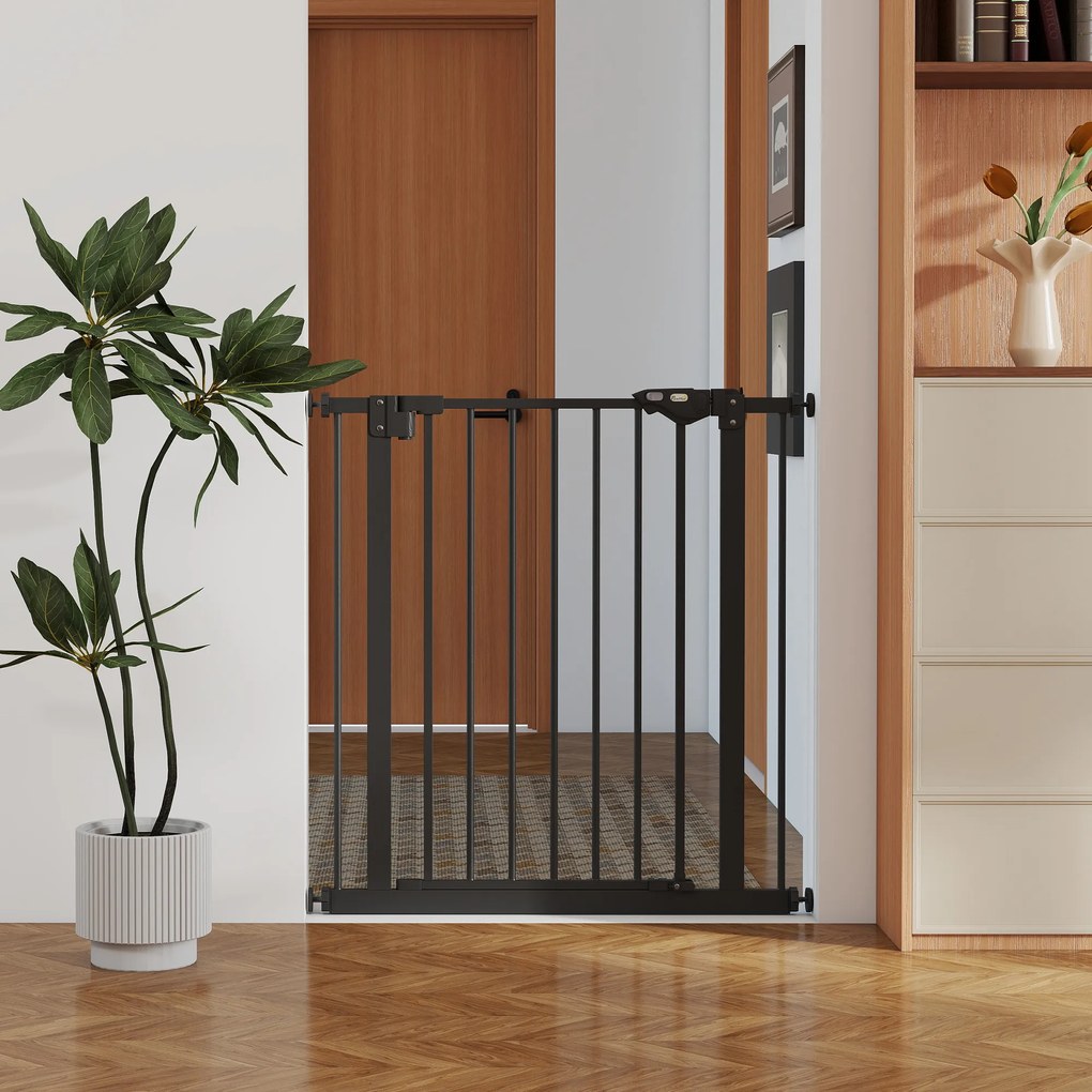 PawHut Poartă de Siguranță pentru Câini cu 2 Extensii, Lățime Reglabilă și Închidere Automată, 74x77cm, Negru | Aosom Romania