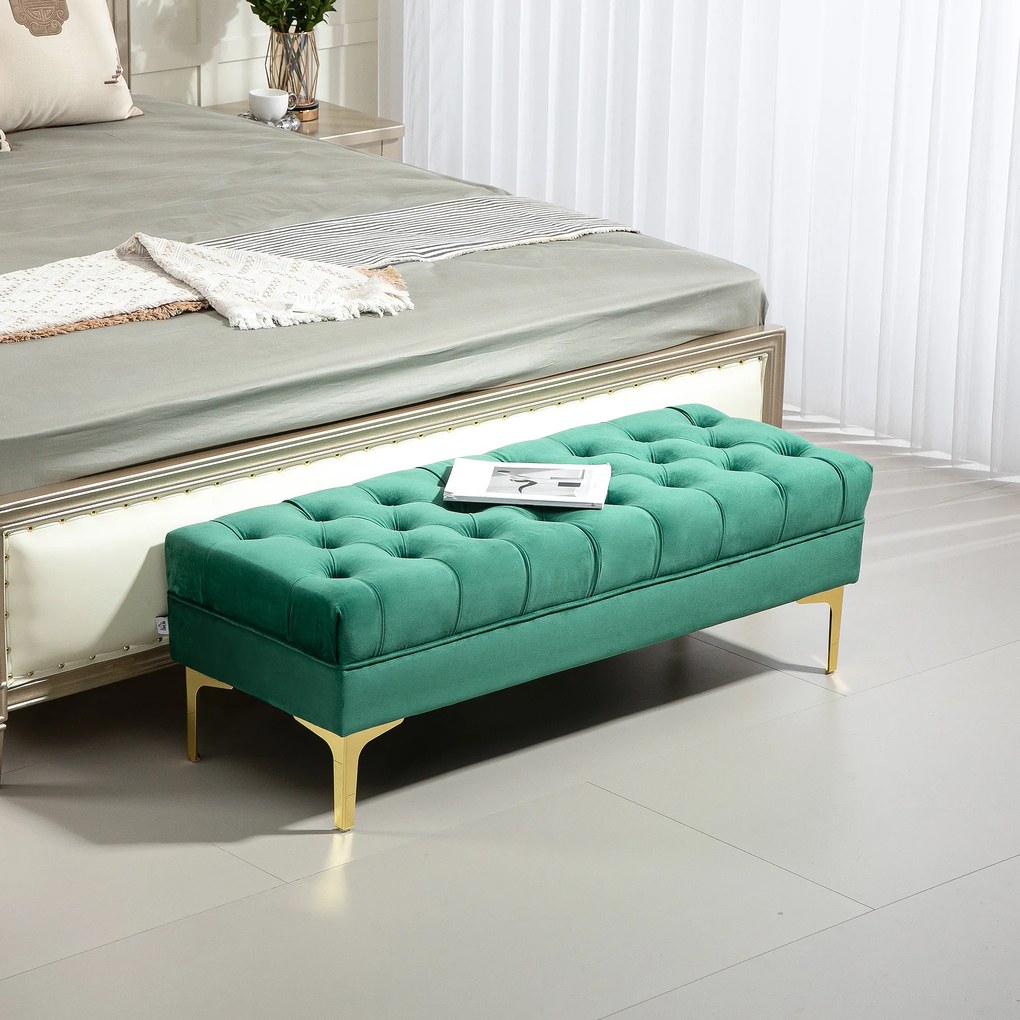 HOMCOM Bancă Hol, cu Husă Capitonată din Catifea cu Picioare Metalice pentru intrare, dormitor sau sufragerie, 118x45x42 cm, Verde | Aosom Romania