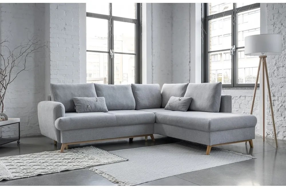 Colțar gri deschis extensibil/cu spațiu de depozitare (cu colț pe partea dreaptă/în formă de ”L”) Scandic Lagom – Miuform