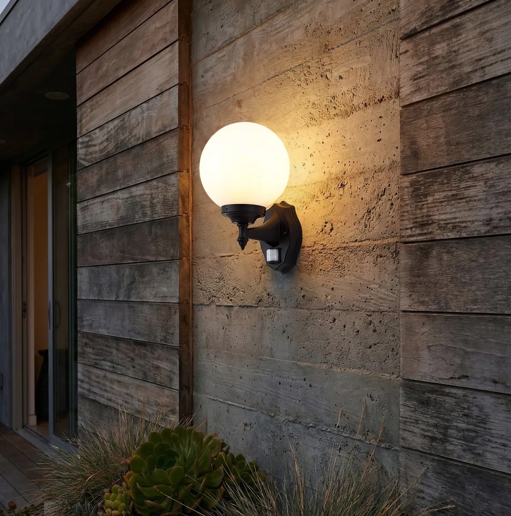 Lampă clasică de perete pentru exterior neagră cu sticlă opal IP44 cu senzor de mișcare - Champs