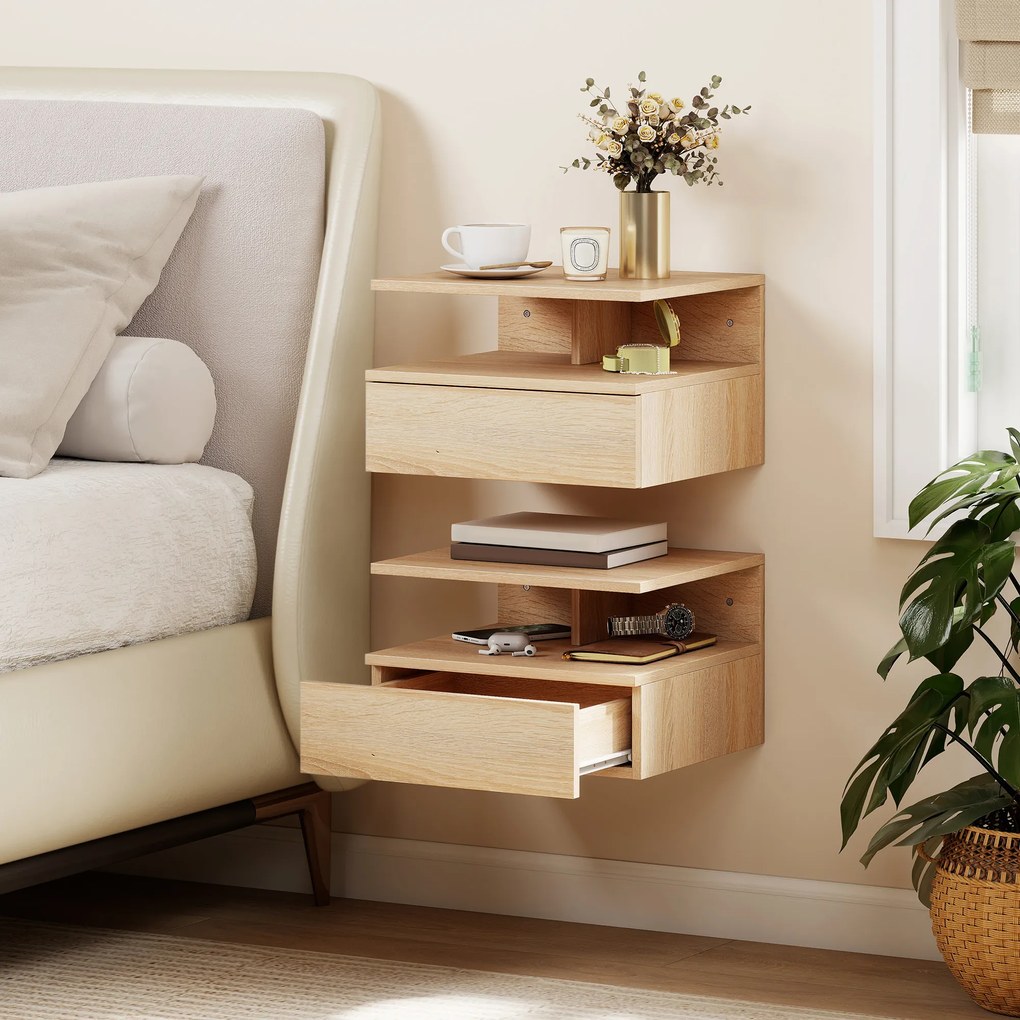 HOMCOM Set de 2 Noptiere Moderne Suspendate pentru Dormitor cu Sertar si Blat  din Lemn 35x32x22.5cm, Stejar | Aosom Romania