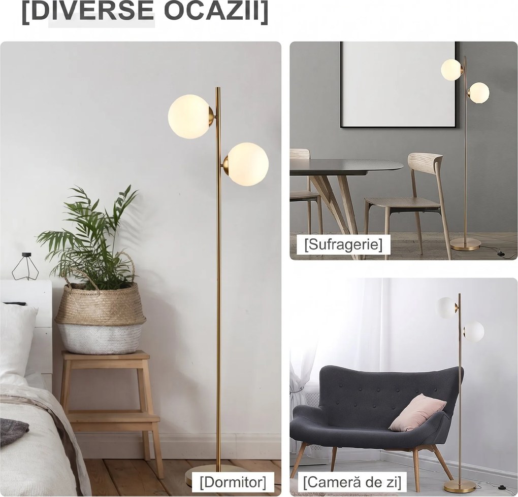 HOMCOM Lampă de Podea cu 2 Lumini și Abajururi Sferice, Lampă de Podea cu Comutator de Picior, Soclu E27, 39x28x165 cm, Aur | Aosom Romania