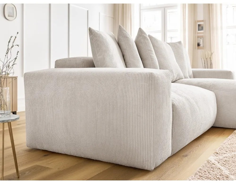 Colțar crem extensibil/cu spațiu de depozitare cu tapițerie din catifea reiată Voltaire – Bobochic Paris