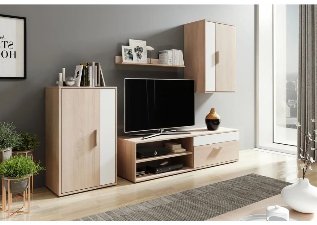 Set mobilier pentru living BRICK, stejar Sonoma/alb