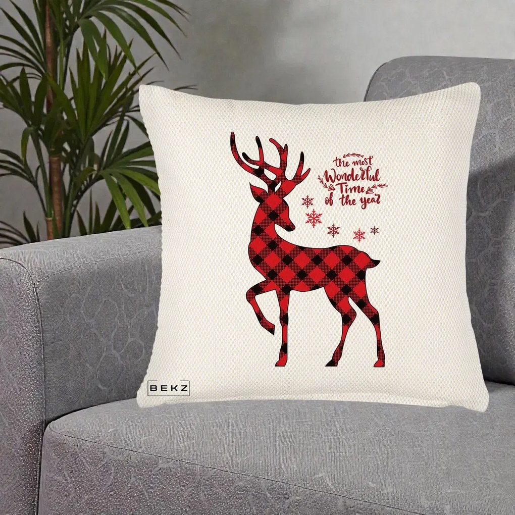 Perna Decorativa Ren Buffalo Plaid Craciun, 40x40 cm, Crem Reliefat, Husa Detasabila, Perna Inclusa, BEKZ®