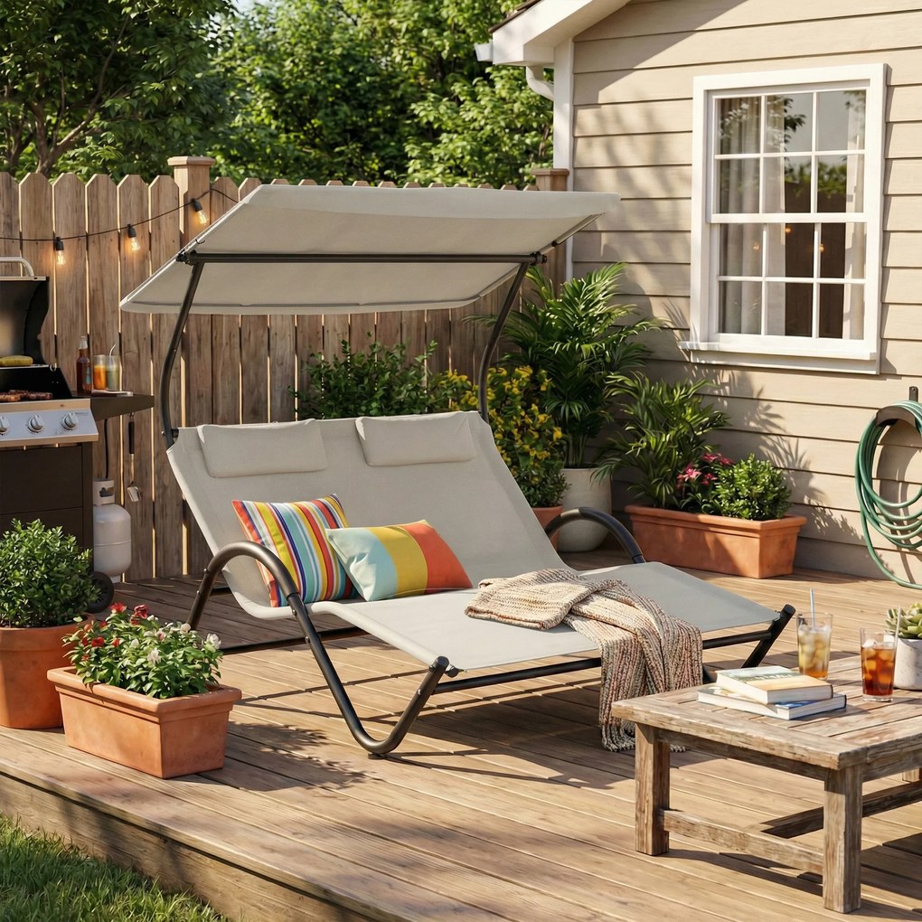 Outsunny Șezlong cu acoperiș, pernă și roți, oțel și poliester cremă | Aosom Romania