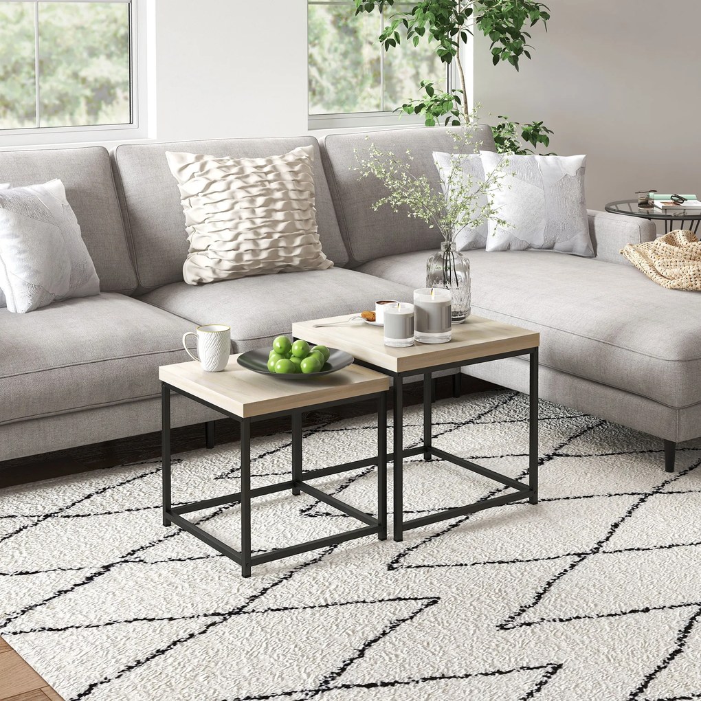 HOMCOM Set de 2 mese de cafea mese laterale pătrate mese de sufragerie cadru din oțel și blaturi din panouri de particule | Aosom Romania