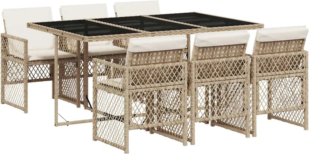 vidaXL Set de masă pentru grădină, 7 piese, cu perne, bej, poliratan