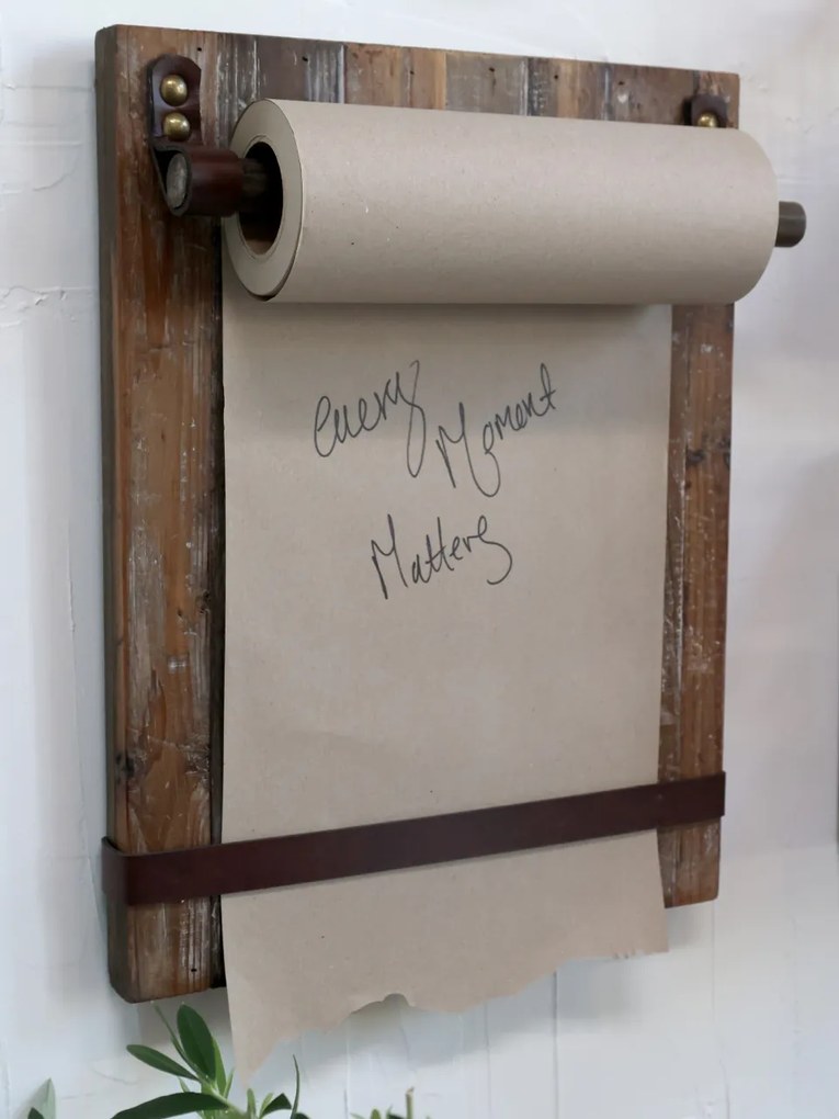 Bord pentru notite, cu rola de hartie, din lemn reciclat si piele