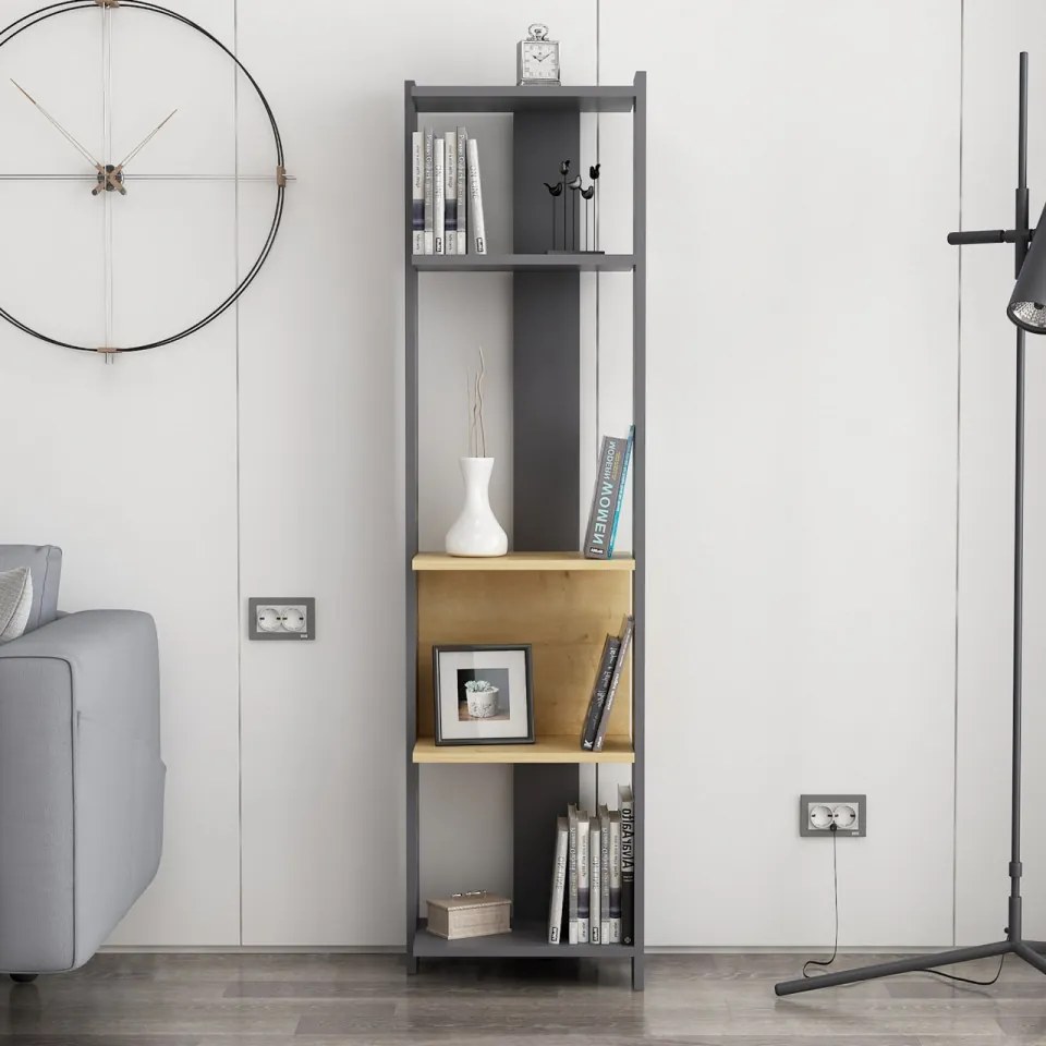 Biblioteca Abis Narrow, PAL Melaminat, Gri Antracit / Stejar