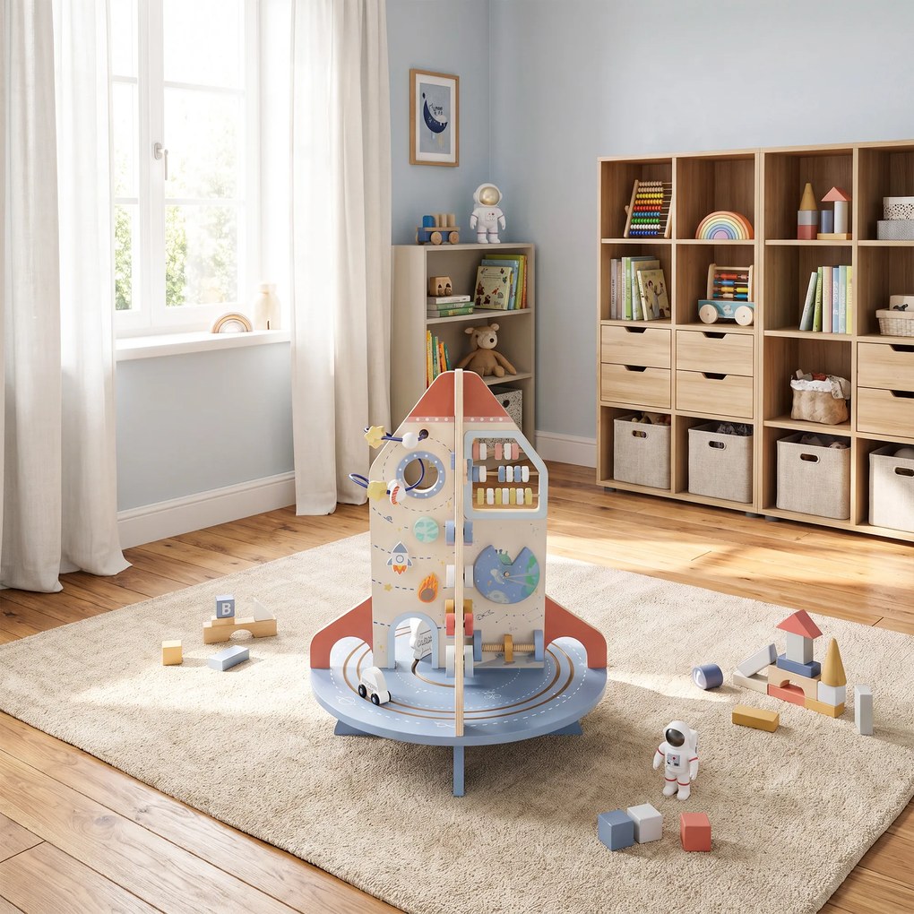 AIYAPLAY Masă Educativă Montessori pentru Copii din Lemn, cu Tematică Rachetă, Traseu de Bile, Angrenaje și Abac | Aosom Romania