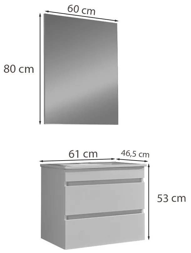 Mobilier de baie Cube 60 cm cu lavoar ceramic (2 sertare) și oglindă 60x80 cm vopsit în alb lucios