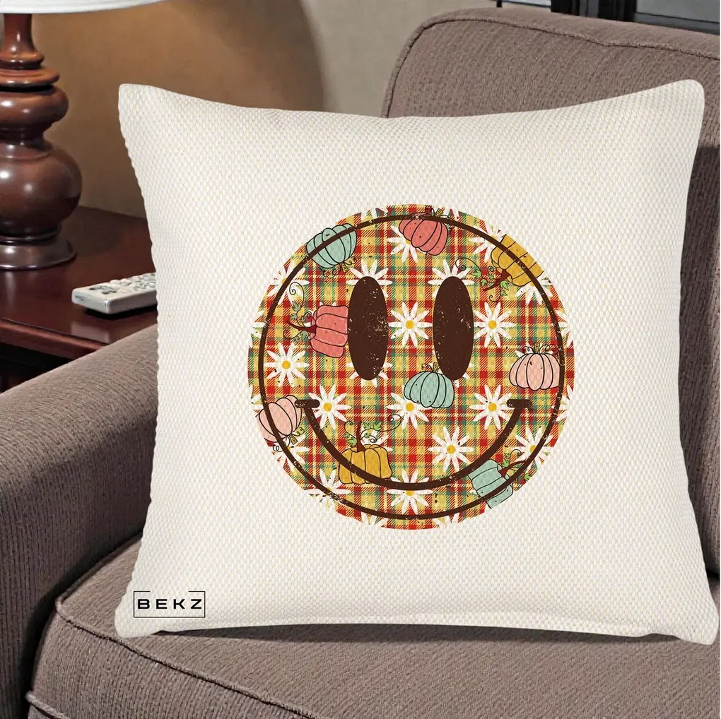 Perna decorativa Smiley Face de Toamna cu Tartan si Dovlecei, 45x45 cm cu Umplutura, Crem Reliefat, BEKZ