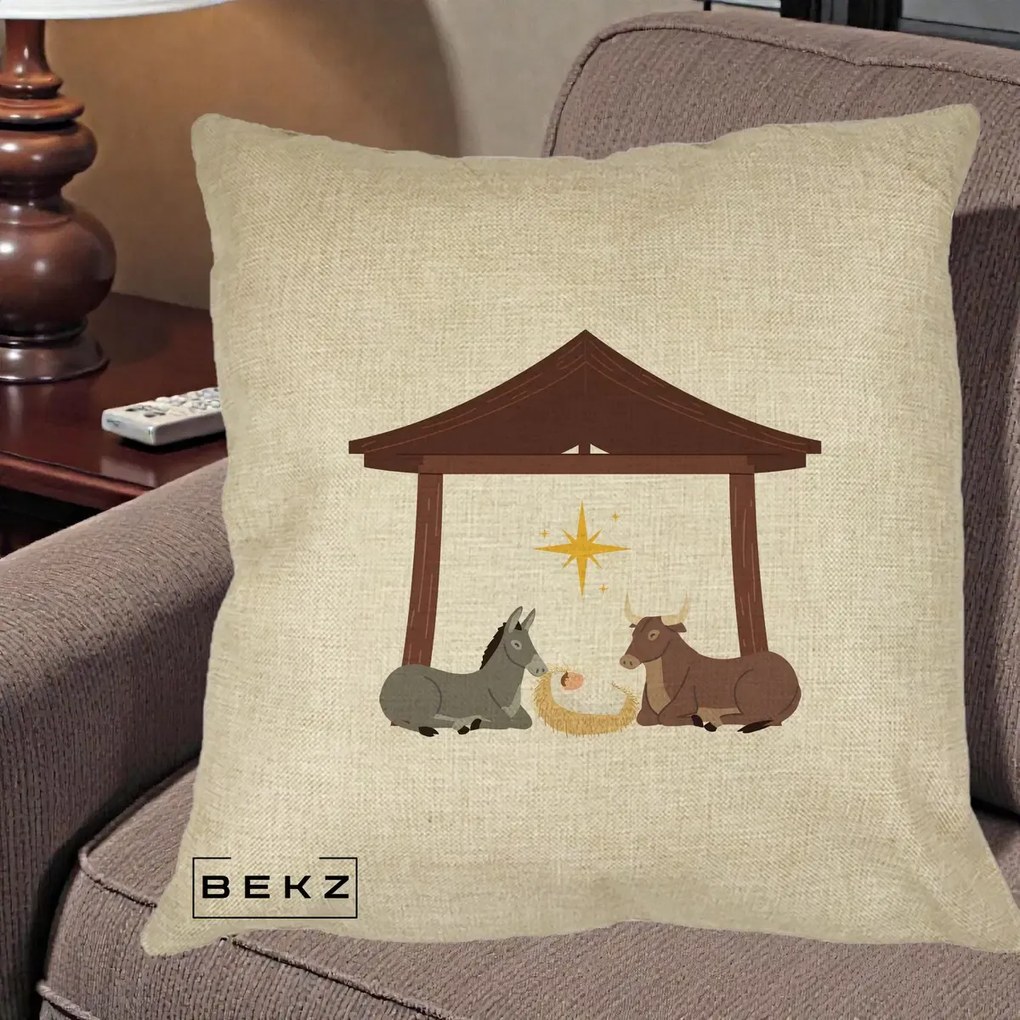 Perna Decorativa Ieslea din Betleem cu Iesle Asin si Bou, 40x40 cm, Crem, Husa Detasabila, Perna Inclusa, BEKZ®