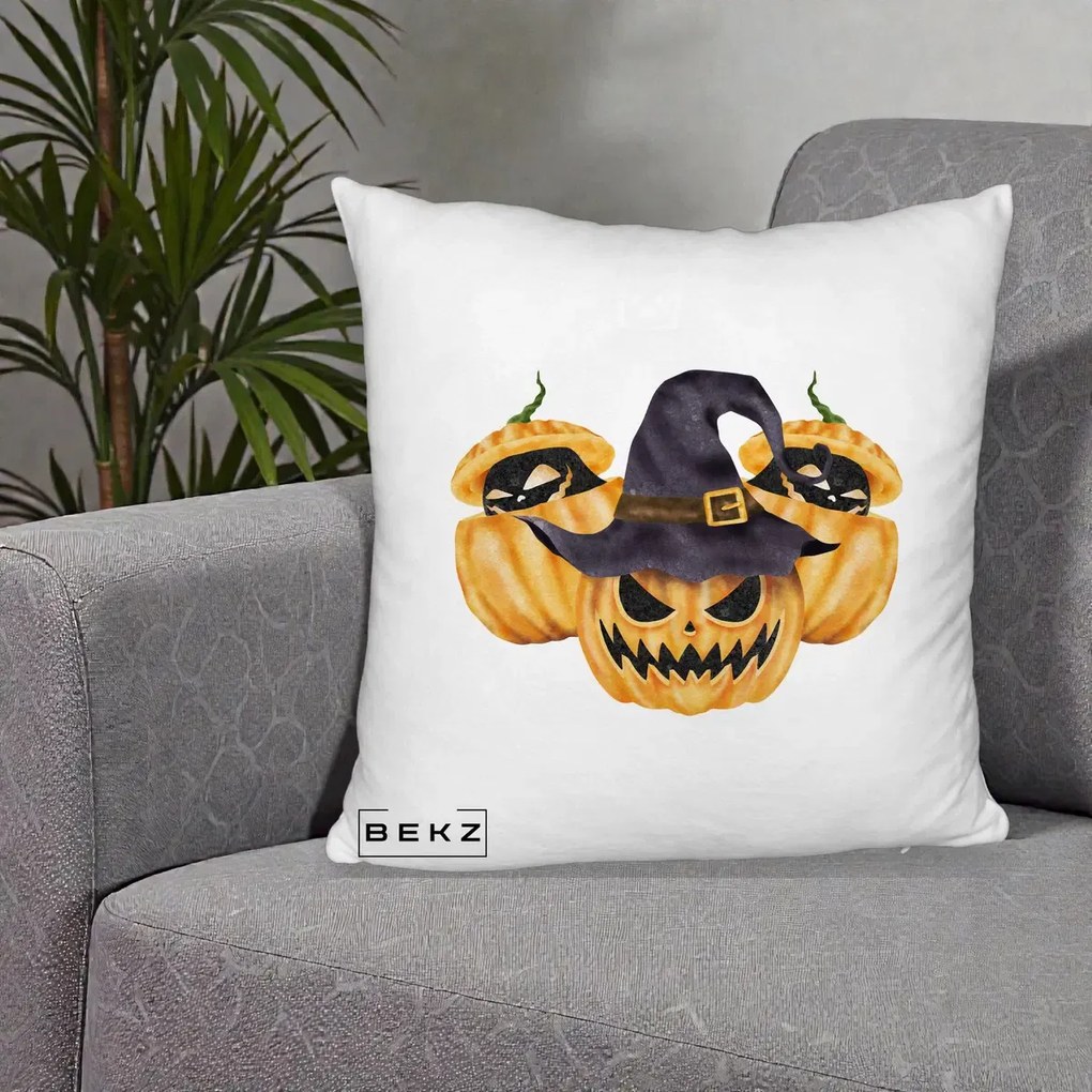 Perna Decorativa Trio Dovleci Jack-o-Lantern cu Palarie Vrajitoare, 40x40 cm, Alb Pufos, Husa Detasabila, Perna Inclusa, BEKZ®