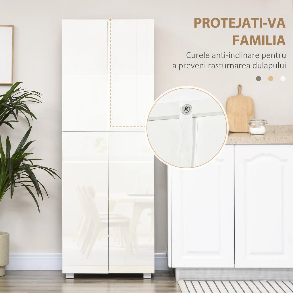 Dulap Bucatarie cu sertare,4 usi, cu 5 niveluri cu 3 rafturi reglabile,  pentru sufragerie, alb lucios 60x35x170cm HOMCOM | Aosom Romania