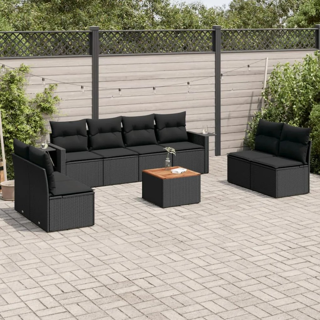 3256853 vidaXL Set mobilier de grădină cu perne, 9 piese, negru, poliratan