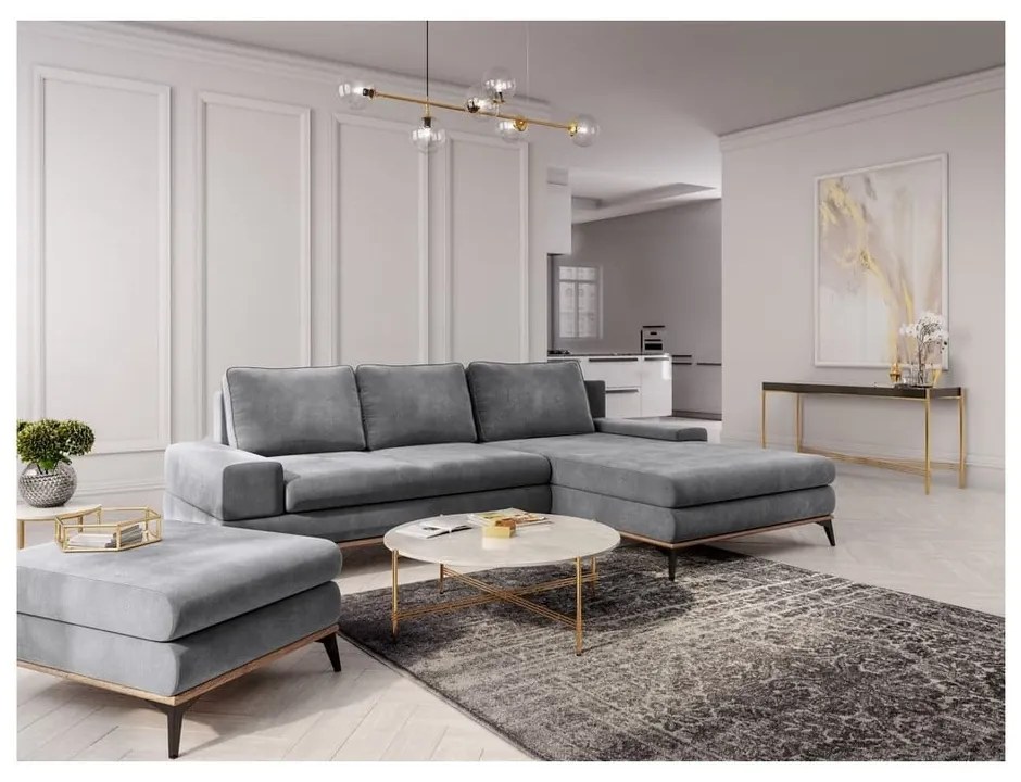 Colțar extensibil cu tapițerie de catifea și șezlong pe partea dreaptă Windsor & Co Sofas Astre, gri