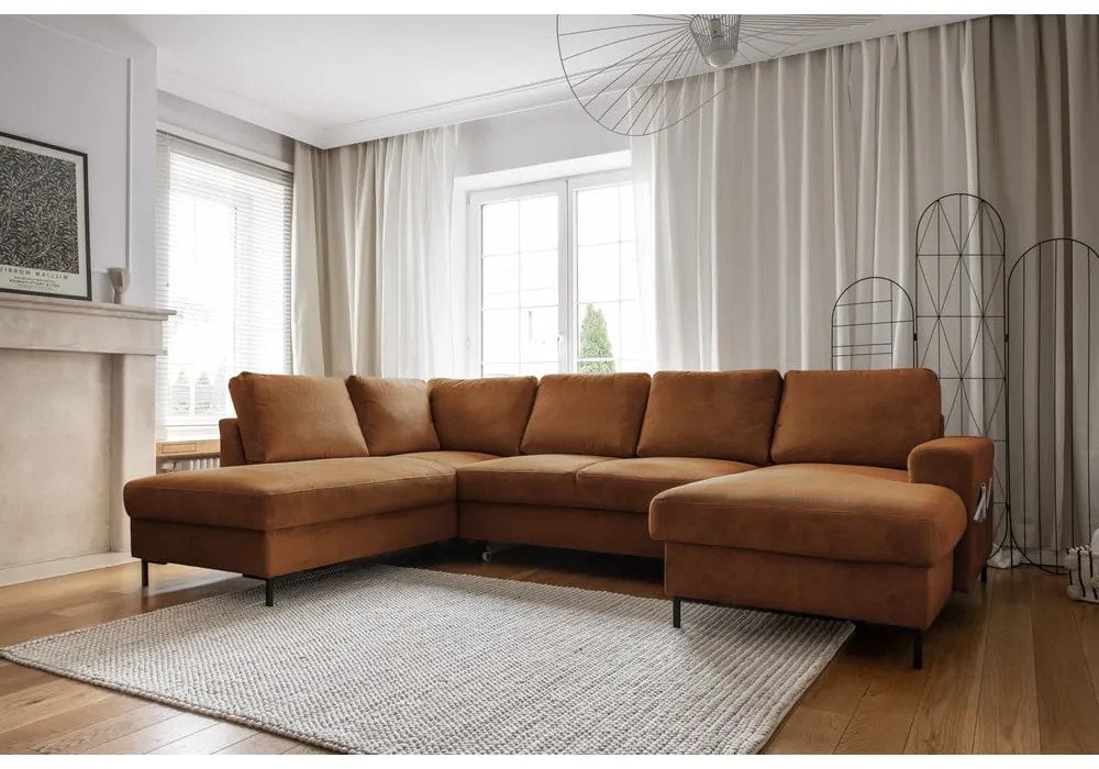 Colțar portocaliu/maro extensibil cu tapițerie din catifea reiată (cu colț pe partea stângă ) Lofty Lilly – Miuform