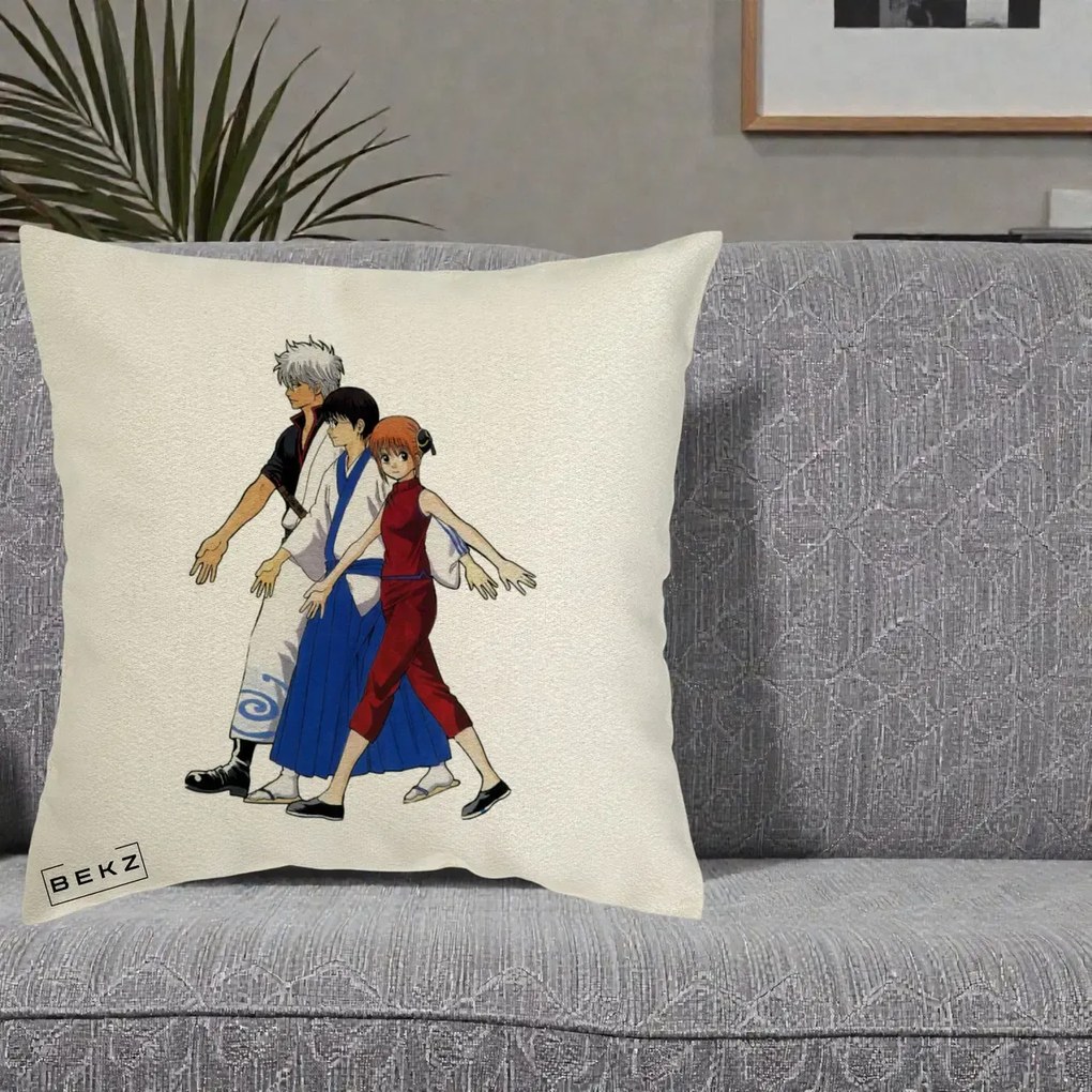 Perna Personalizata Gintama Trio Gintoki Shinpachi Kagura, 40x40 cm, Ecru, Husa Detasabila, Perna Inclusa, BEKZ®