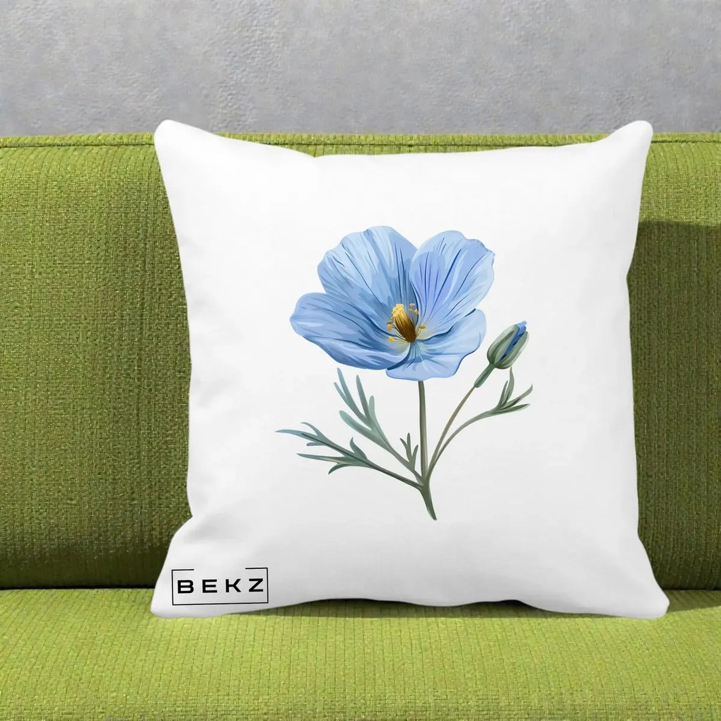 Perna Decorativa Mac Albastru Acuarela, 40x40 cm, Alba Mata, Husa Detasabila, Perna Inclusa, BEKZ®