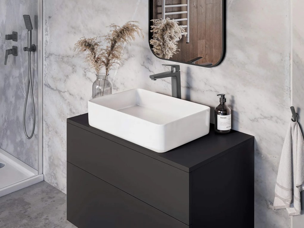 Dulap baie suspendat 80x52x47 cm pentru lavoar, negru mat, MDF, Deante Prizma Negru mat