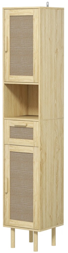 HOMCOM Mobilier baie coloană de depozitare pentru baie cu uși din ratan sertar 2 dulapuri 32 x 30 x 170 cm stejar | Aosom Romania