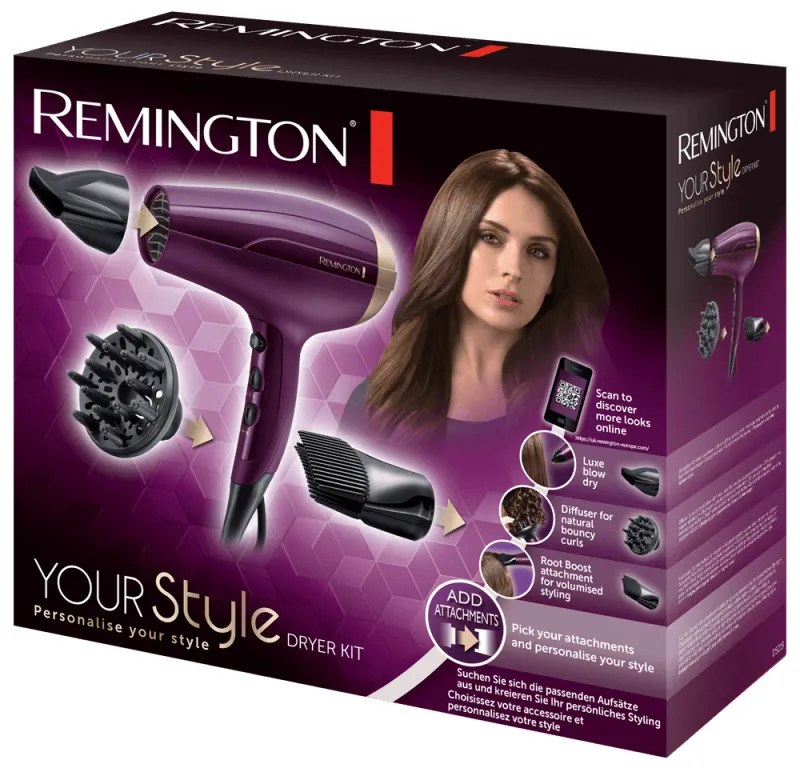 Uscator de par Remington Your Style D5219, 2300 W, 3 trepte de caldura, 2 viteze, Functie Ionica, 3 accesorii, Mov/Negru