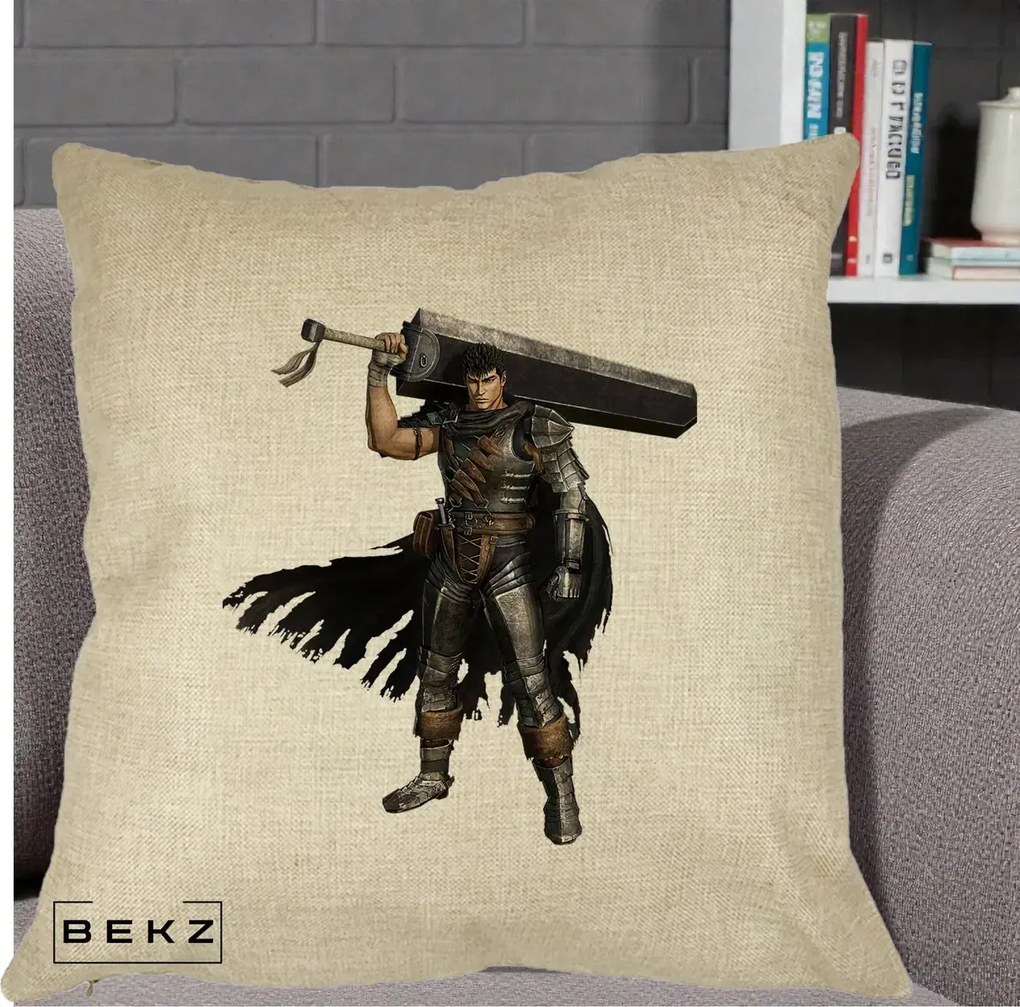 Perna Personalizata Berserk Guts Luptatorul Negru, 40x40 cm, Crem, Husa Detasabila, Perna Inclusa, BEKZ®