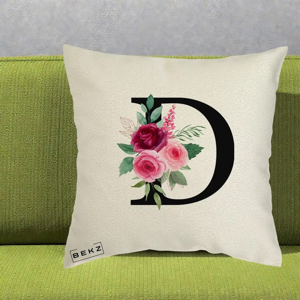 Cadou Personalizat - Perna Personalizata Monograma Florala Litera D, 40x40 cm, Ecru, Husa Detasabila, Perna Inclusa, BEKZ®