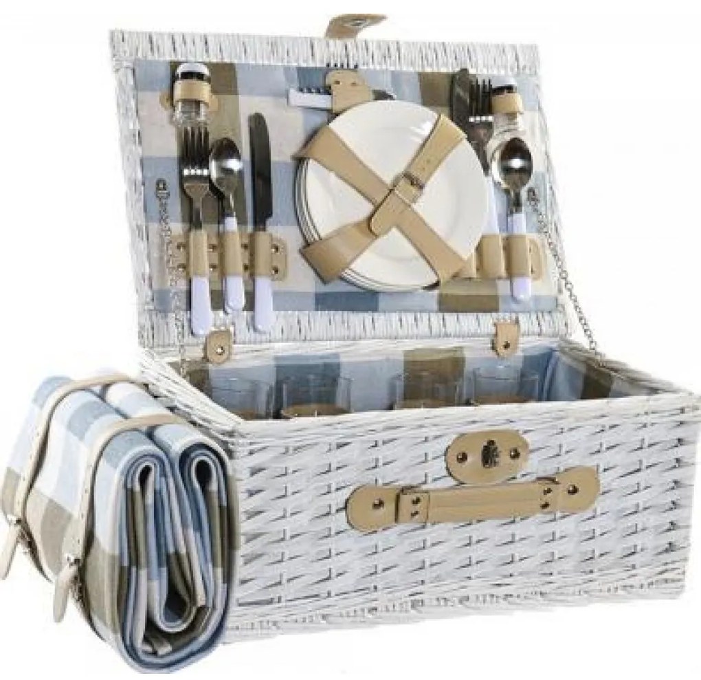 Set de picnic - cos din rachita, vesela, tacamuri, pahare, desfacator 16piese - 44x30x20cm