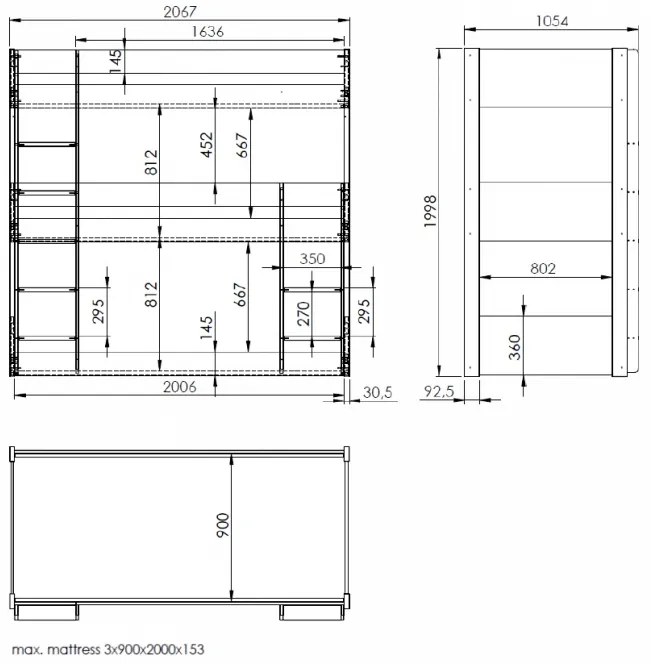 Pat supraetajat triplu pentru copii SCOTT, alb, 90 x 200 cm, din pin scandinav masiv, cu 3 spații de dormit – Vipack