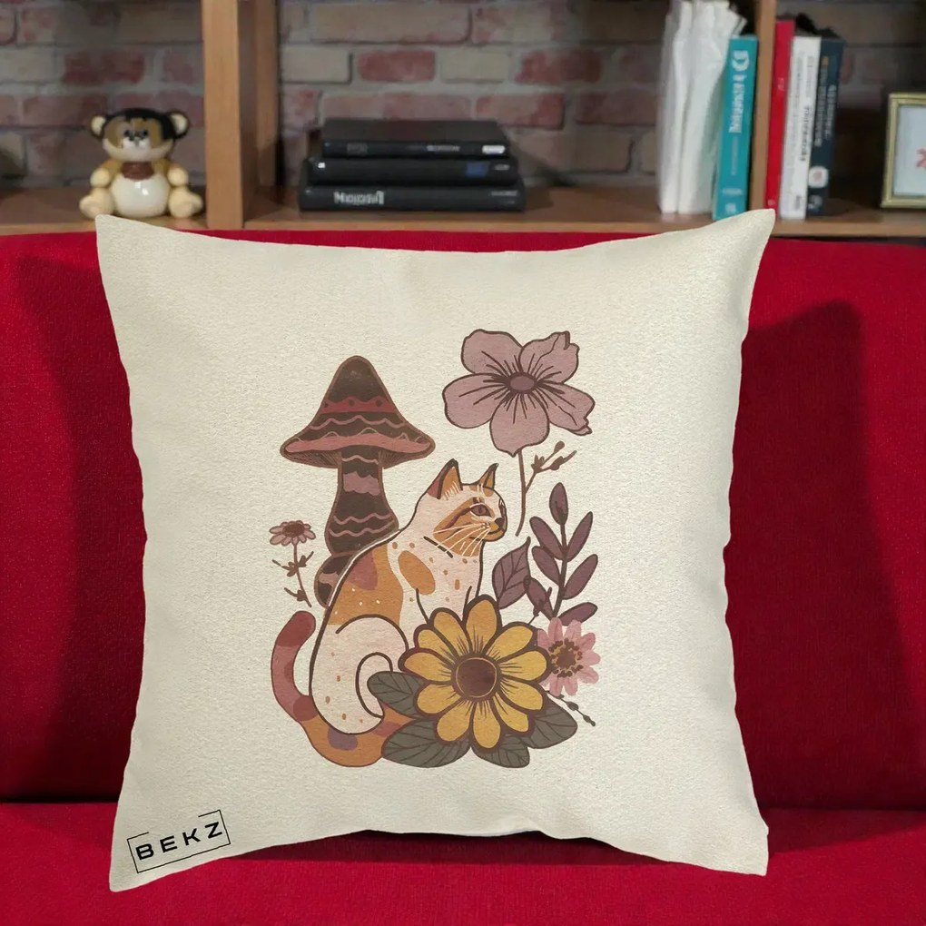 Perna Decorativa Pisica Vintage Florala Boho, 40x40 cm, Ecru, Husa Detasabila, Perna Inclusa, BEKZ®