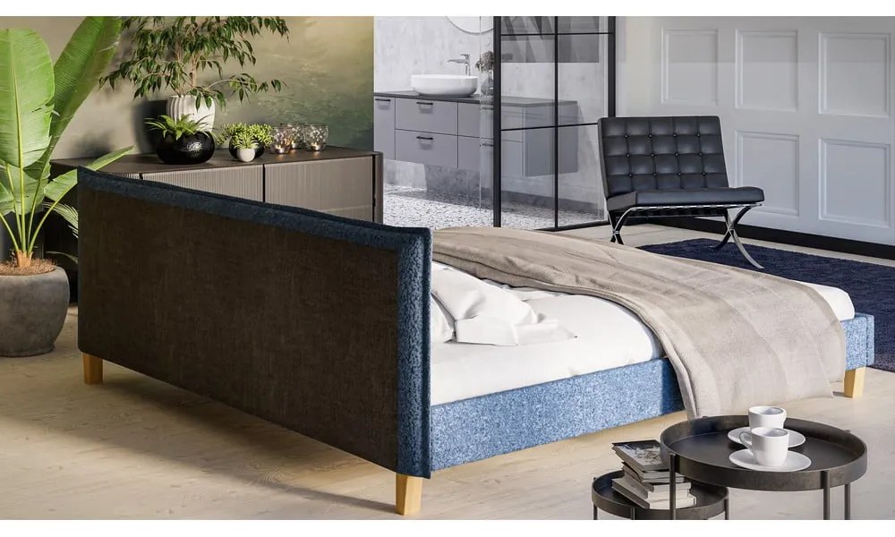 Pat matrimonial albastru cu tăblie și somieră 200x200 cm Tina – Ropez