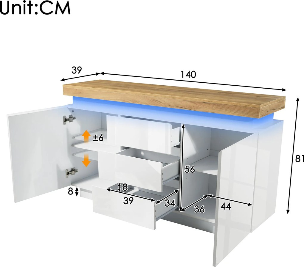 Comodă sideboard cu 2 uși și 3 sertare, iluminare LED, 140x39x81 cm, Alb