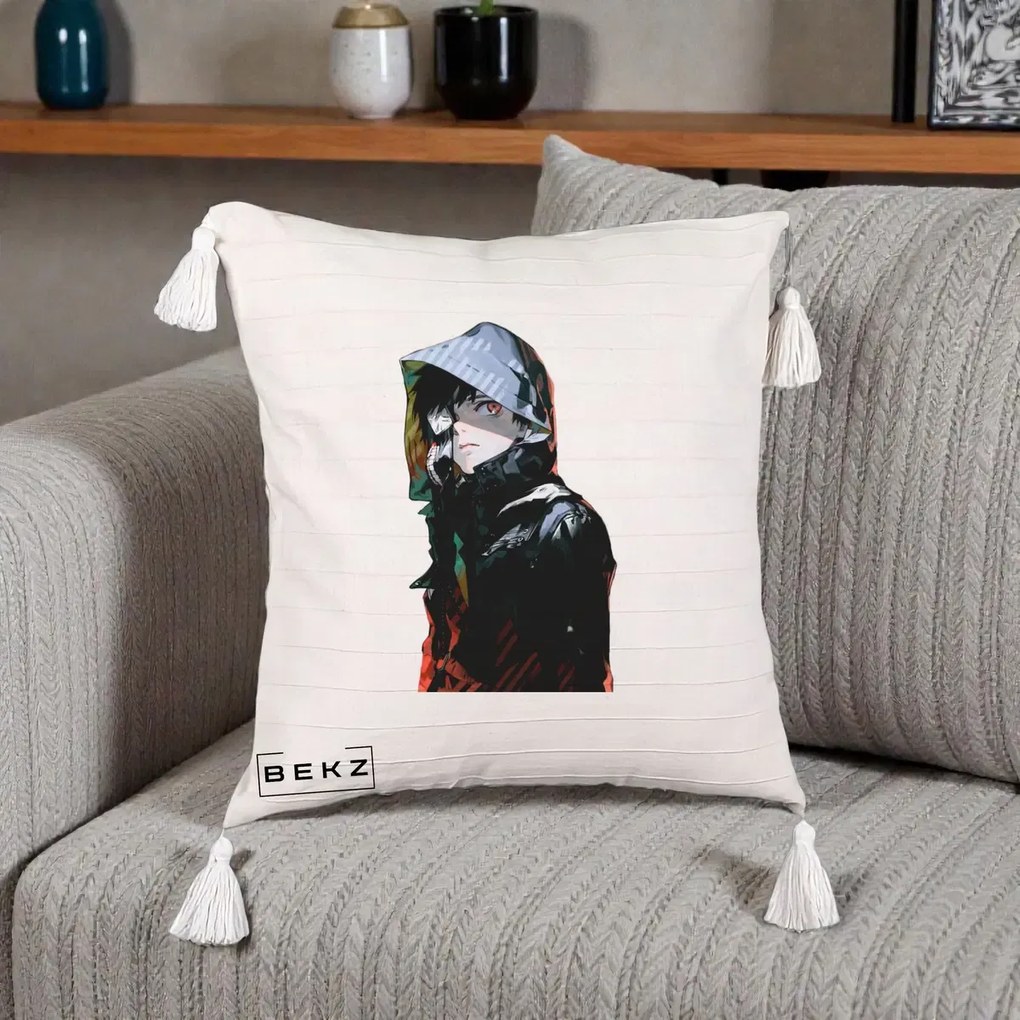 Perna Personalizata Tokyo Ghoul Ken Kaneki cu Masca si Gluga, 40x40 cm, Bej cu Franjuri, Husa Detasabila, Perna Inclusa, BEKZ®