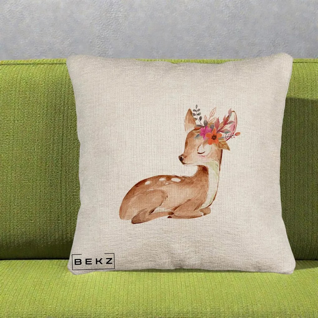 Perna Decorativa Caprioara cu Flori in Coama, 40x40 cm, Bej Canapea, Husa Detasabila, Perna Inclusa, BEKZ®