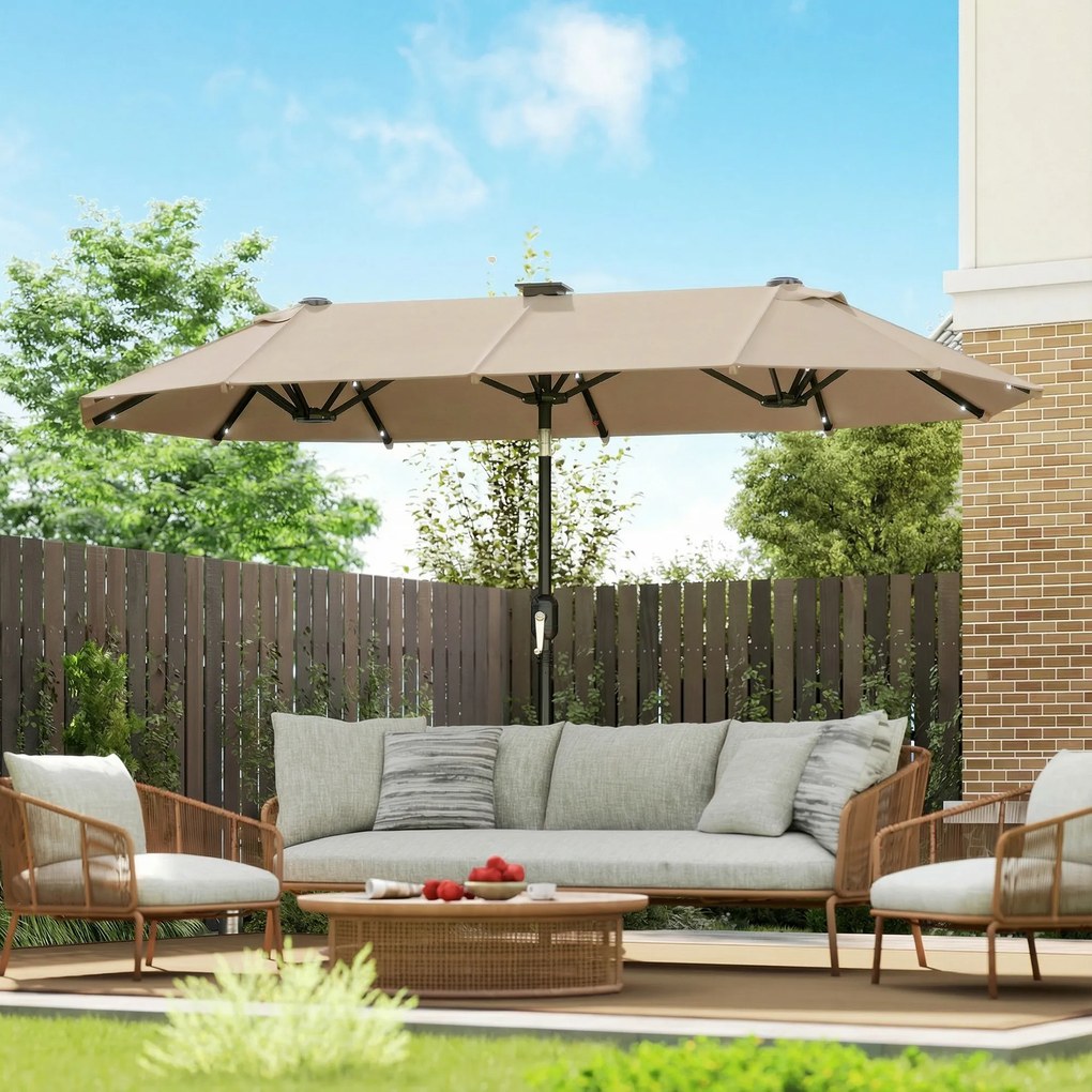 Outsunny Parasolar dublu 292 x 150 cm, umbrelă cu iluminare LED, manivelă, funcție de înclinare Khaki | Aosom Romania
