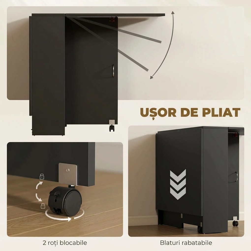 HOMCOM Masă Pliantă din Lemn cu Roți, pentru 4-6 Persoane, 75x140x75 cm, Negru | Aosom Romania
