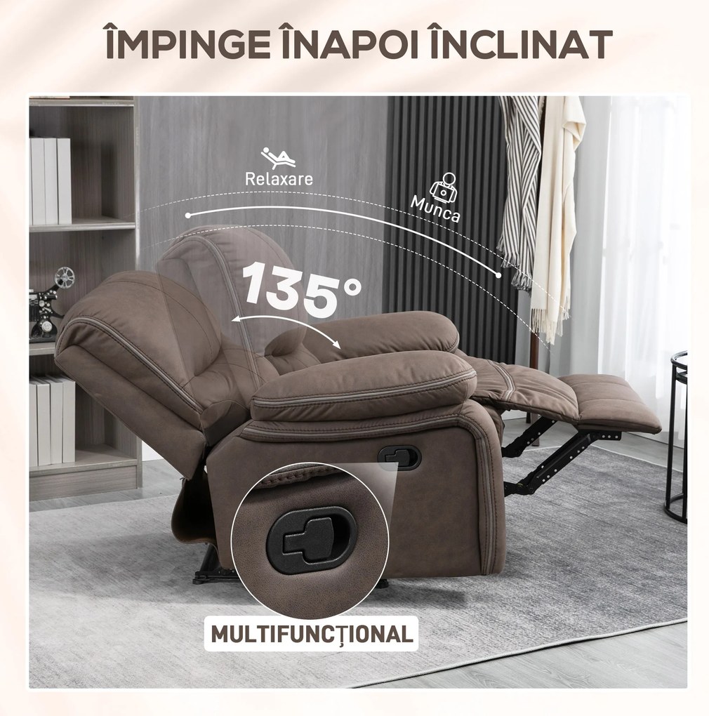 HOMCOM Fotoliu Relax cu inclinare manuala si suport pentru picioare, husa din microfibra si captuseala suplimentara, 97x90x96cm, maro | Aosom Romania