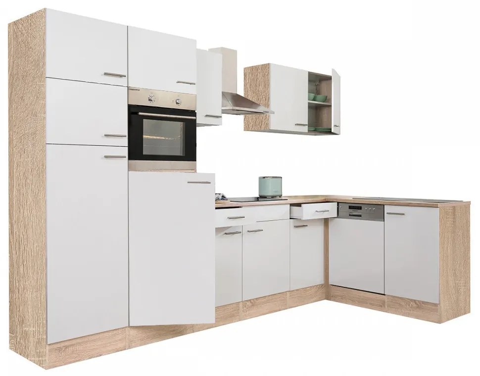 Mobilă de bucătărie de colț Yorki 340, corp din stejar Sonoma, cu față alb satinat